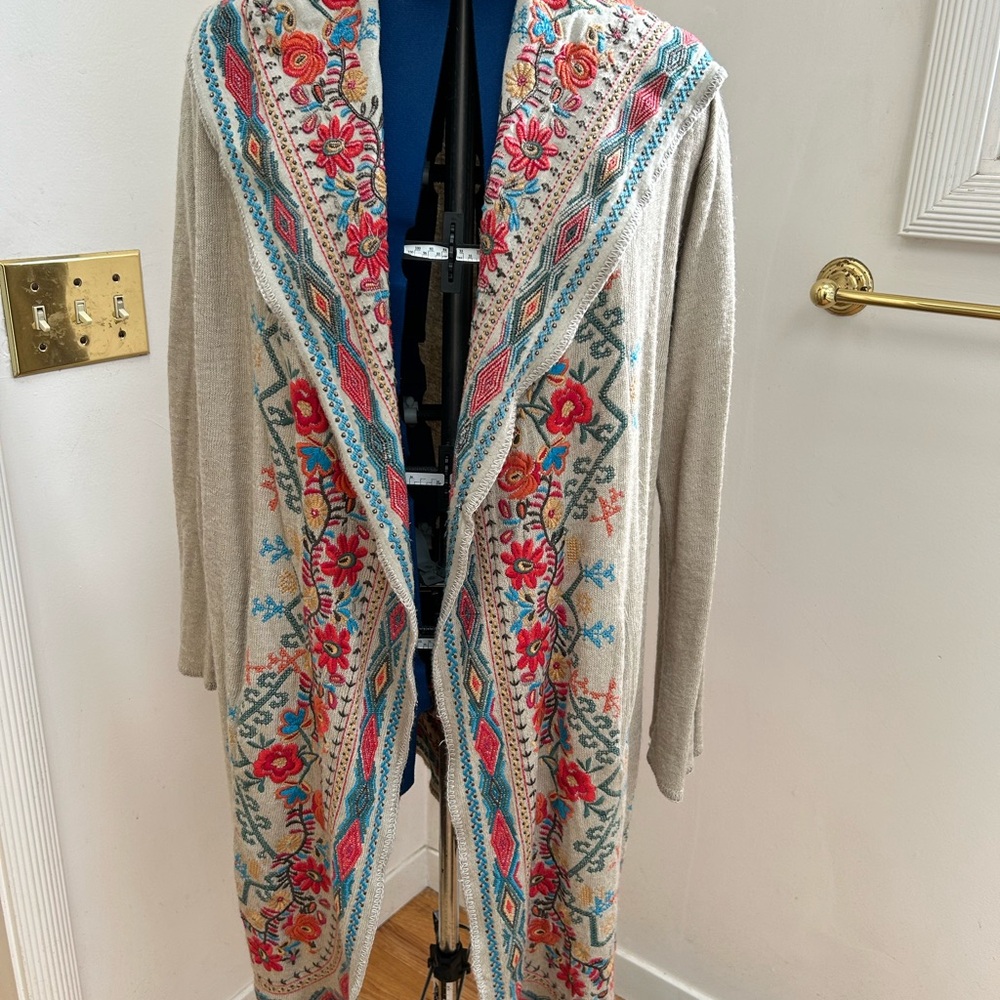 Johnny Was Beige Floral Embroidered Cardigan